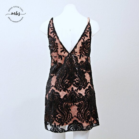 Free People Night Shimmers Lace Sequin Sleeveless Mini Dress Black Tan Women 4 - Picture 7 of 12